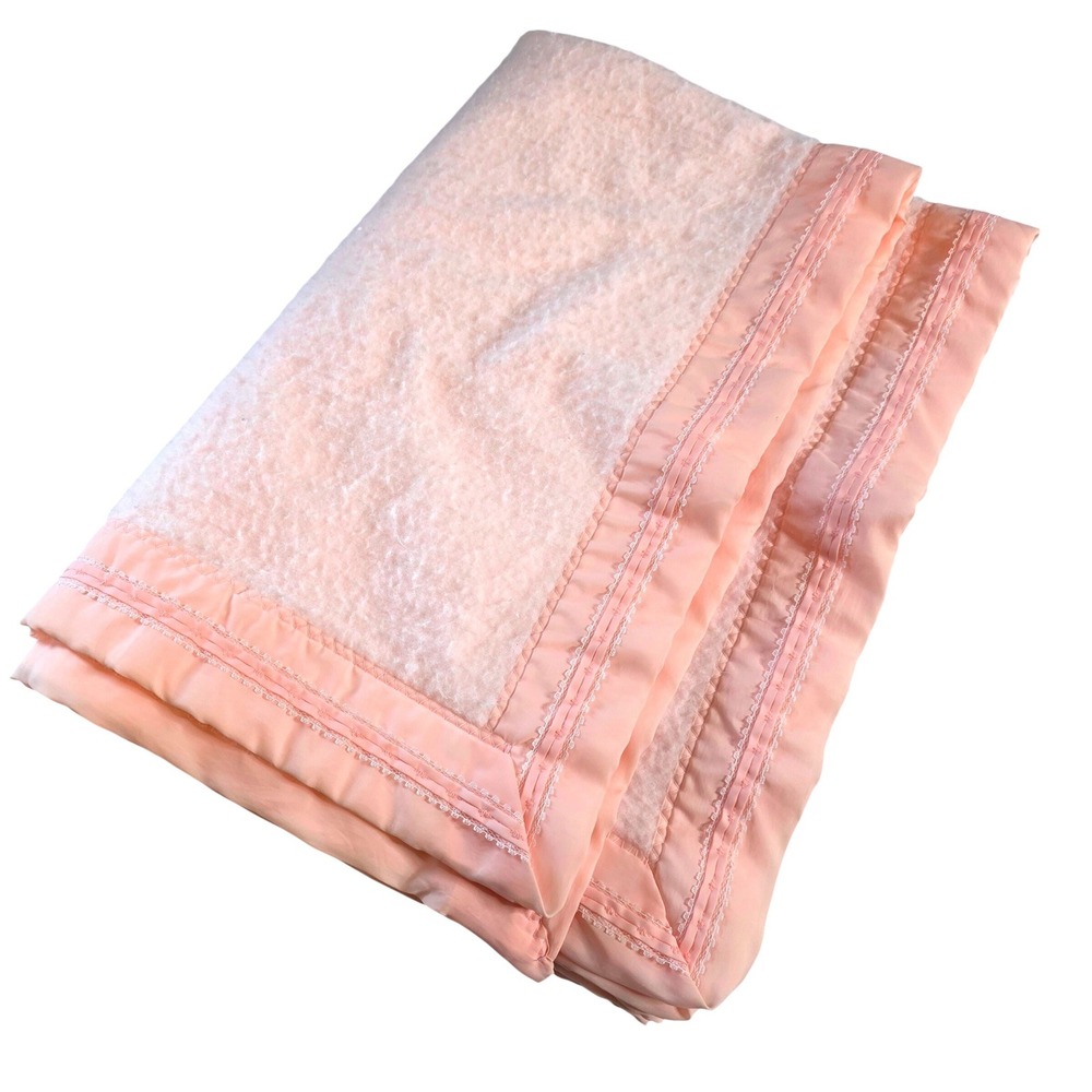 Vintage Chatham Pink Acrylic Baby Blanket Nylon Trim USA 60x42 Retro Soft